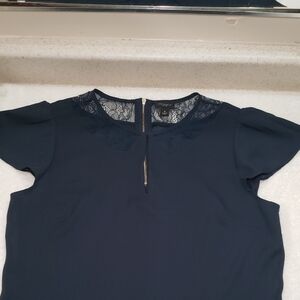 Ann Taylor Navy Blouse with Lace Detail